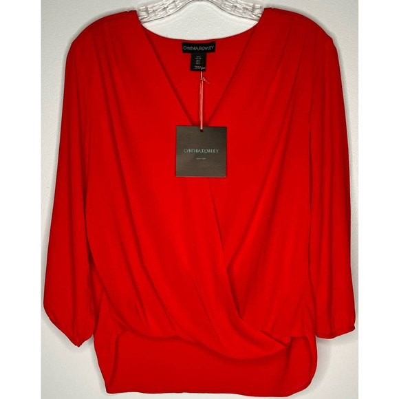 Cynthia Rowley New York blouse top true red long sleeve V-neck high low NWT - Picture 3 of 7